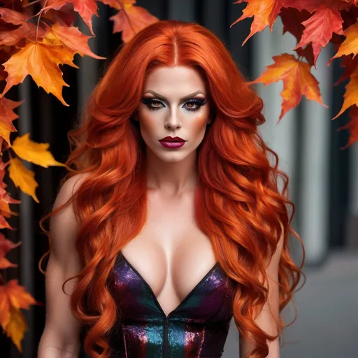 Prompt: Picture of a huge busomed Gorgeous 25-year-old Czechian bodybuilder drag queen with ridiculously long fiery red hair cascading down her shoulders in loose waves, reminiscent of the vibrant hues of autumn leaves. Her hair, like a blazing sunset, frames a face adorned with delicate features. High cheekbones, a pert nose, and full lips painted in a bold shade of red that matches the intensity of her hair.

Her eyes, a mesmerizing shade of emerald green, sparkle with mischief and curiosity, framed by thick lashes that flutter like the wings of a butterfly. She has an air of confidence about her, carrying herself with the effortless grace of a dancer on a dimly lit stage.

Dressed in the fashion of the 1980s, she wears a vintage-inspired ensemble that effortlessly blends bold patterns and vibrant colors. A cropped leather jacket adorned with studs and patches adds a touch of rebelliousness to her look, while a flowing skirt in a riot of floral prints sways with every step she takes.

Her accessories are eclectic and eye-catching, from oversized hoop earrings that glint in the neon lights of the city to a stack of bangle bracelets that jingle softly with her movements. On her feet, she wears a pair of 8 inch stiletto high heel shoes that give her an added boost of confidence as she struts down the bustling streets of the urban landscape.

There's an undeniable magnetism to her presence, a combination of beauty, charisma, and a hint of mystery that draws people in like moths to a flame. She embodies the spirit of the 1980s, a time of bold fashion choices, vibrant personalities, and an unapologetic zest for life.  you can see her  figure