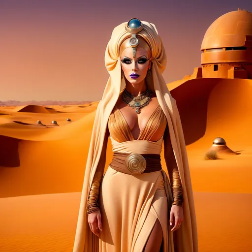 Prompt: The most beautiful drag queen on Tatooine wearing the traditional Tatooine dress.