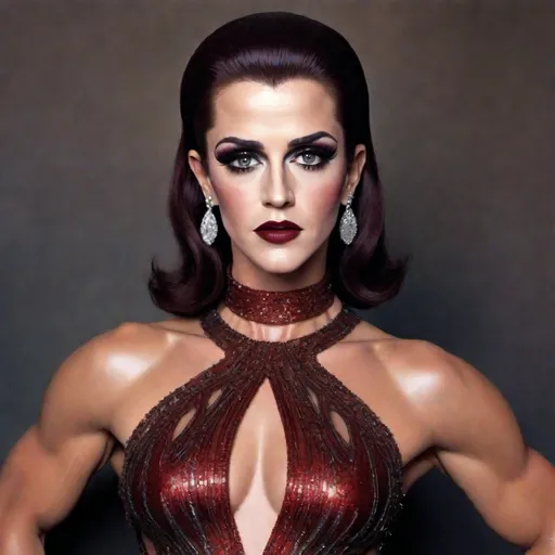 Prompt: image of Mel Gibson dressed as a (muscular body) gorgeous 25-year-old Czechian drag queen wearing a flamboyant, yet conservative Bob Mackie designer Gown, very well endowed, dark heavy eye makeup,  dark red lipstick, hyper-realistic quality, ultra-detailed 4K imagery.