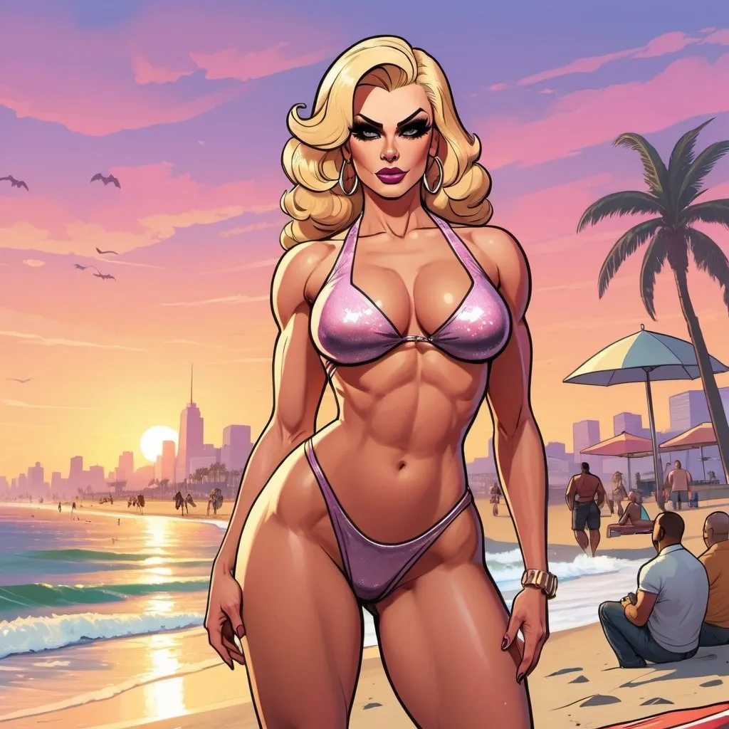 Prompt: GTA V cover art, gorgeous ultra-muscular 25-year-old Czechian drag queen bodybuilder on the beach at sunset, buxom busom, 8 inch stiletto high heel shoes, cartoon illustration. Composition focus on legs, fullbody and full-length. 