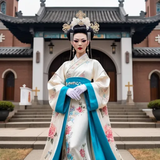 Prompt: A beautiful Chinese drag queen wears beautiful Hanfu, and long white silk gloves. She stands outside a modern Catholic church. Full body picture.