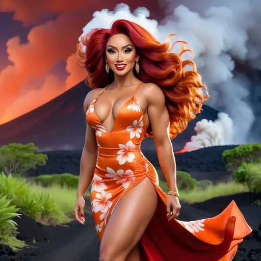 Prompt: Hi-res, 8k hd, Full body photography, Gorgeous tall ultra-muscular Samoan drag queen Goddess, 35 years old, ultra-long frizzy dark orange hair (((blowing in wind))), hazel eyes, long muscular legs, muscular physique, immaculate makeup, smiling, lush curvy figure, short red floral Hawaiian dress, 8 inch high heel shoes, standing in front of Kīlauea volcano at night, fog, 8k photo, ads-fashion editorial, elegant, stylish, Japanese culture, detailed features, highres, natural lighting, vibrant colors. Full length photography, full body photography. Ultra-detailed,  ultra-realistic. 