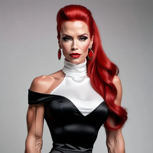 Prompt: Arnold Schwarzenegger dressed as an Ultra-realistic, Ultra-detailed 64k hi-res digital photography, Gorgeous ultra-muscular 25-year-old caucasian Czechian drag queen bodybuilder with ridiculously long flowing bright red dark ponytail hair, wearing a black satin pencil skirt, an off-the-shoulder white turtle neck blouse, and 8 inch stiletto high heel shoes sitting in a lounge.