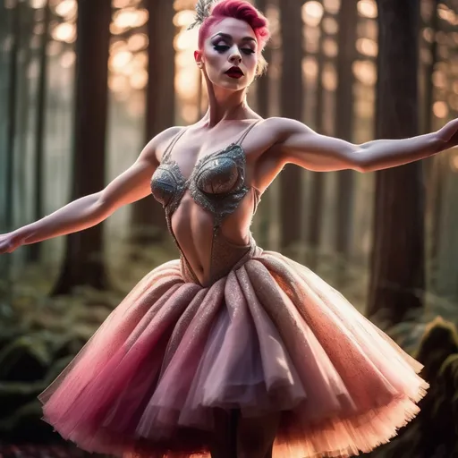 Prompt: (focused character gorgeous ultra-muscular 25-year-old Swedish drag queen bodybuilder), (elegant ballet pose), soft warm lighting, large busom, flowing pastel-colored tutu, enchanted forest background, delicate expression, intricate details in attire, dark eyeshadow,  dark red lipstick, immersive atmosphere, ethereal vibe, graceful movements, dreamy ambiance, intricate ballet shoes, glowing soft light filtering through trees, beautiful HD quality, atmospheric cinematic mastery