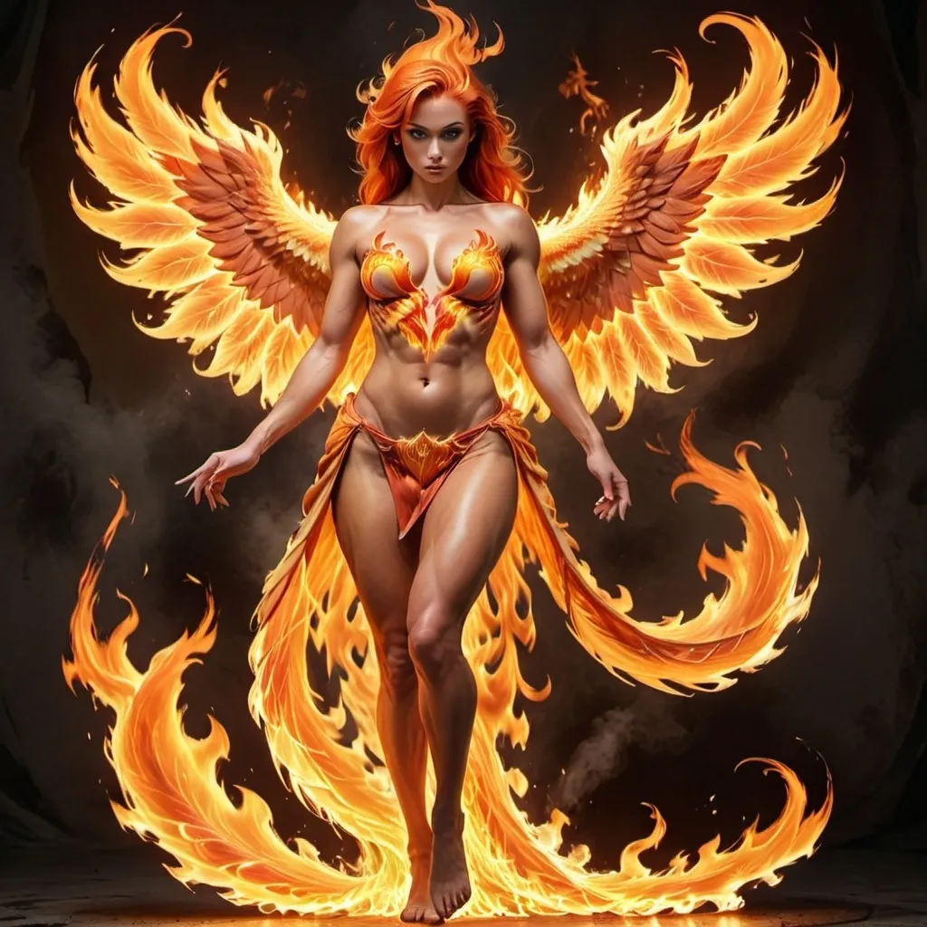 Prompt: a flaming phoenix hovers overtop a 25-year-old muscular goddess. The 25-year-old goddess has clothes made of flames from the Phoenix and looks like a phoenix as a 25-year-old goddess. Full length. Muscular. Large busom.