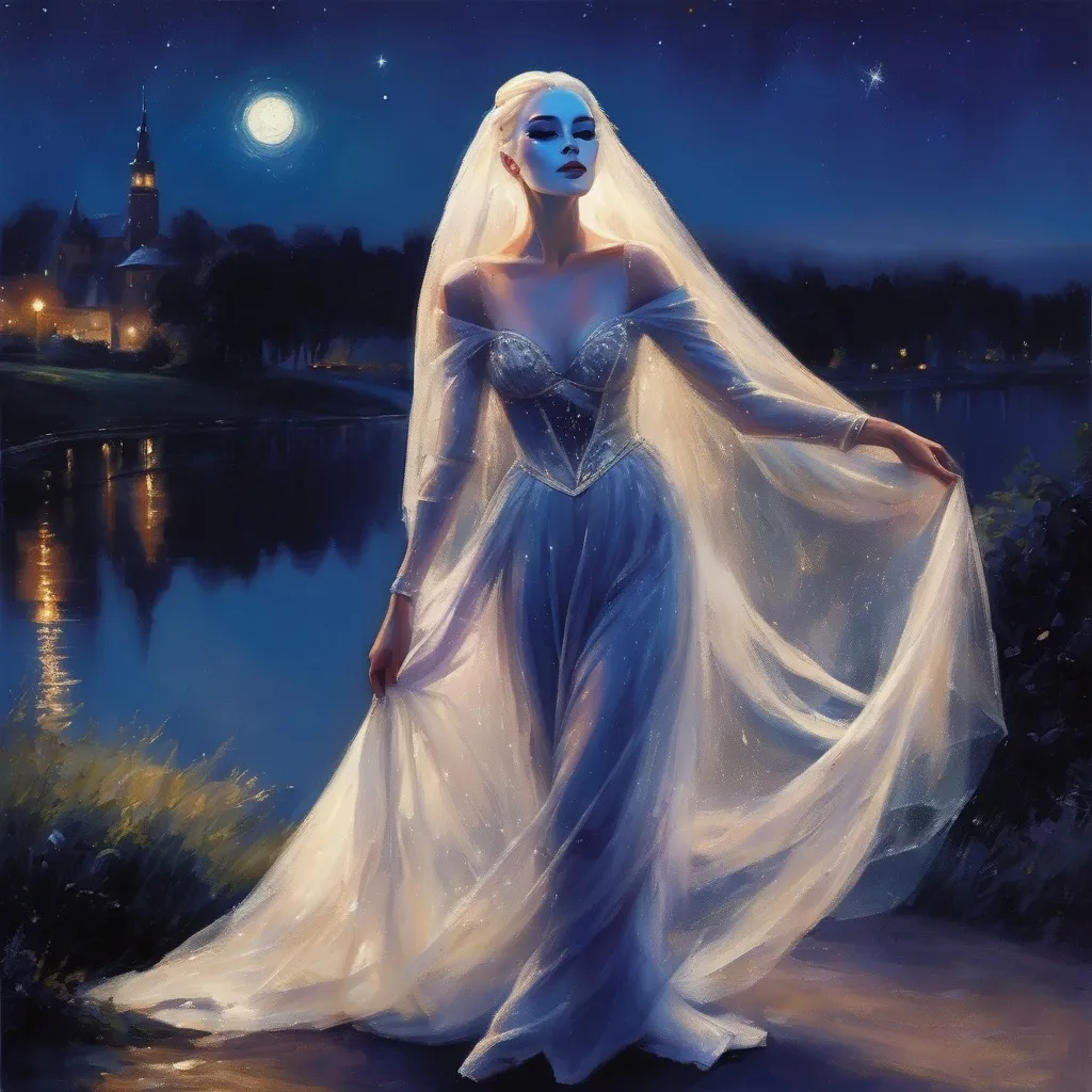 Prompt: (beautiful white Swedish drag queen) walking gracefully under a starlit sky, (melancholic mood), deep indigo and shimmering silver tones, soft ethereal glow, a delicate veil of night softly surrounding her, gentle whispers of a cool breeze, capturing a moment of quiet elegance, (highly detailed), enchanting landscape in the background, timeless and romantic atmosphere.