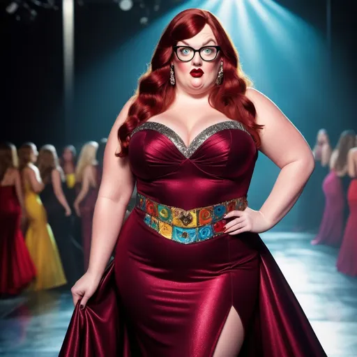 Prompt: Peter Griffin dressed in drag with very long dark red wavy hair, wearing a multi-colored Versace gown, dark eyeshadow,  mascara, drak red lipstick,  and 8 inch stiletto high heel shoes,  walking the catwalk at a fashion show.