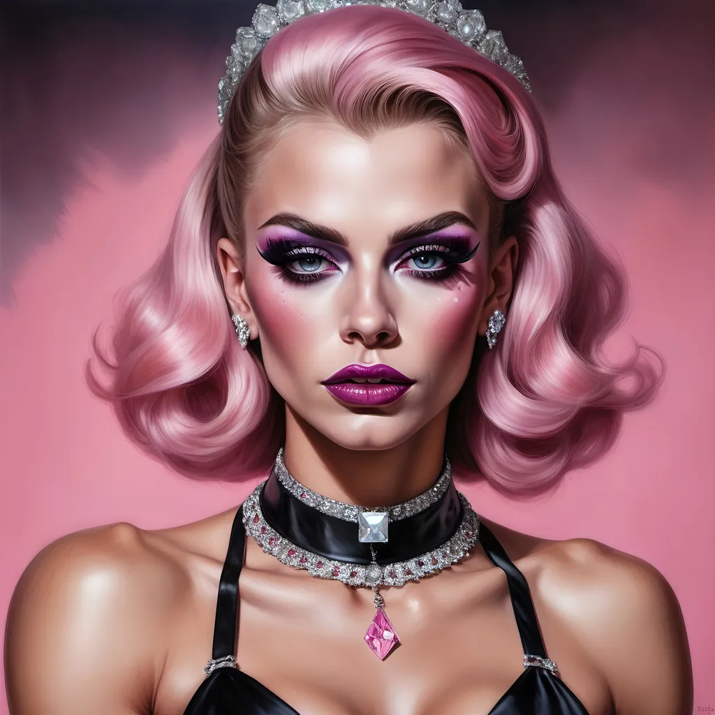 Prompt: a painting of a gorgeous muscular 25-year-old Polish drag queen with strong masculine facial features, dark eyeshadow and dark lipstick, wearing a diamond choker around her neck and a pink bow on her hair, Edwin Georgi, photorealism, highly detailed digital painting, a photorealistic painting