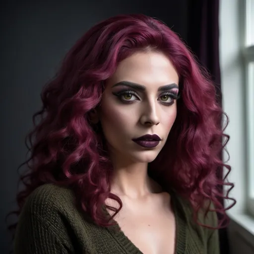 Prompt: (35-year-old Turkish genderfluid drag queen with long curly magenta hair), wearing an olive long knitted black turtleneck shirt and skinny jeans, dark ete makeup, dark lipstick,  masculine jawline and brow, (close up,low angle shot ), inside a softly lit room, (white curtains gently swaying),  captured in an extremely detailed (oil painting style), (photorealistic), sunlight streaming through the woman  , she is looking out the window and  holding the curtains with her hands ,(artistic modeling pose) ,high resolution , detailed , bright colors