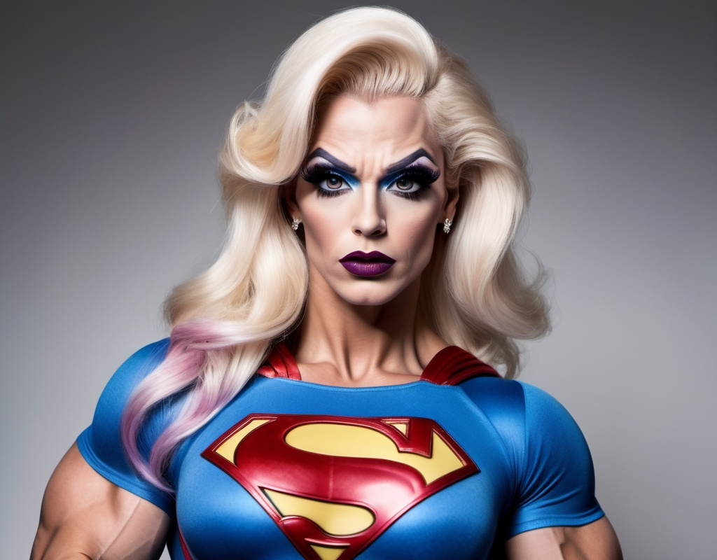 Prompt: If Superman was a gorgeous hyper-muscular 25-year-old drag queen bodybuilder with Dark eye makeup and dark lipstick. Wearing 8 inch stiletto high heel shoes.