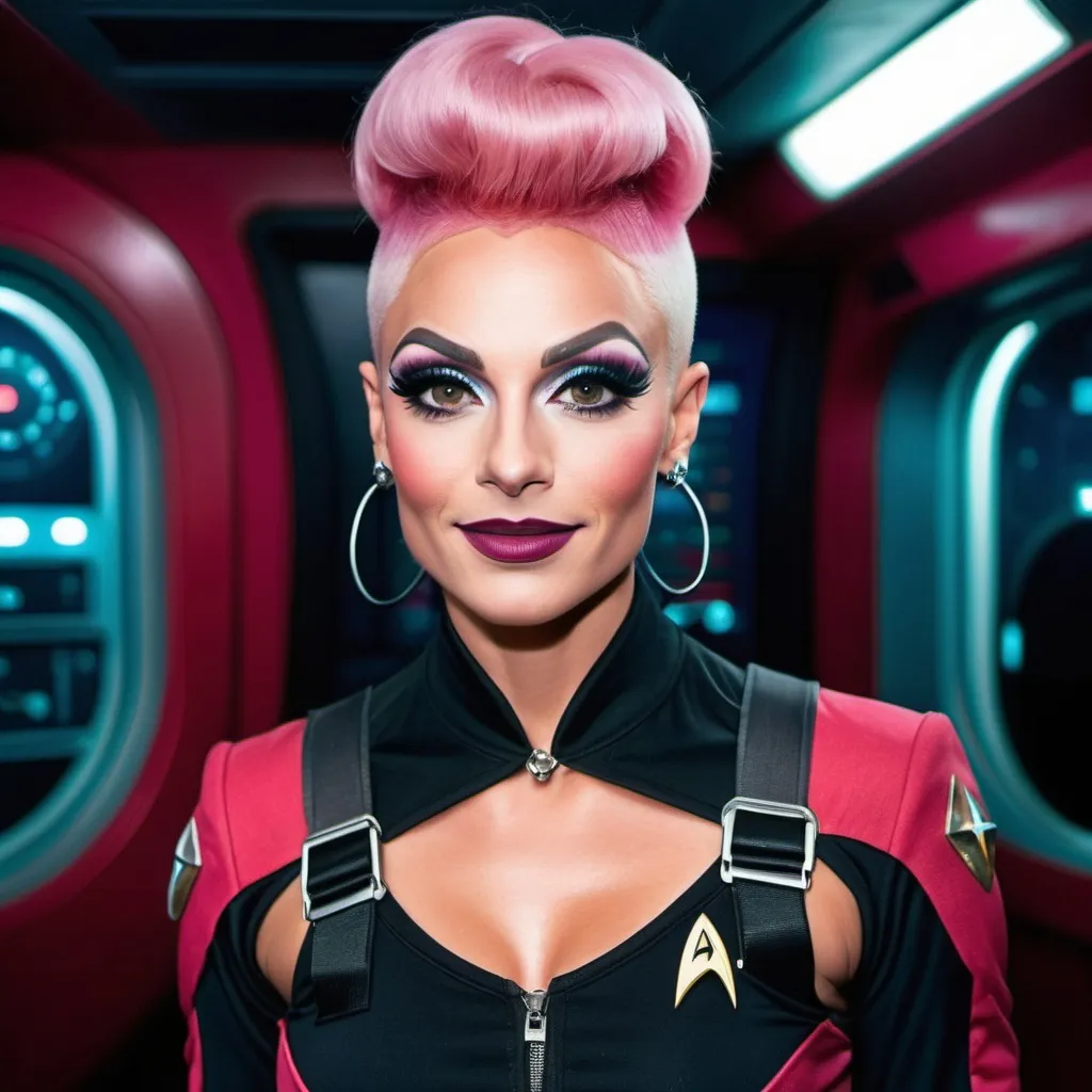 Prompt: Gorgeous ultra-muscular 25-year-old Czechian drag queen, Kylie Sonique Love, Star Trek Uniform, harness:1.4, full lips, short swept over pink hair, heavy mascara, dark eyeshadow, dark red lipstick, Bridge Command Center Background, instagram pose, smiling, raw photo, sharp focus on eyes, film grain, magazine cover, high quality, clothing details, fine fabric, full body, art student, (official art, extremely detailed CG unity 8k wallpaper), beautifully detailed eyes, detailed fine nose, detailed fingers, (8k), (best quality), ( masterpiece:1.2), (realistic), ( photorealistic:1.57), extremely detailed handsome gentlebeing, couture, magazine cover, textless, high quality, clothing details, fine fabric, full body, 8k, cinematic lighting (high detailed skin:1.1) ,Enhance,Golden Inspiration