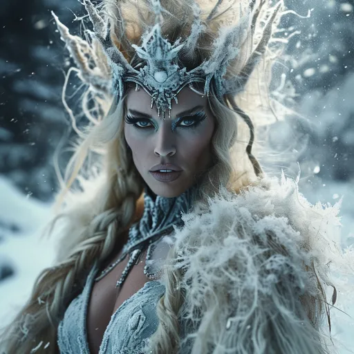 Prompt: High-resolution, cinematic-style photograph featuring a gorgeous Nordic drag queen Ice goddess, standing in the frozen wilderness conjuring up a snow storm.