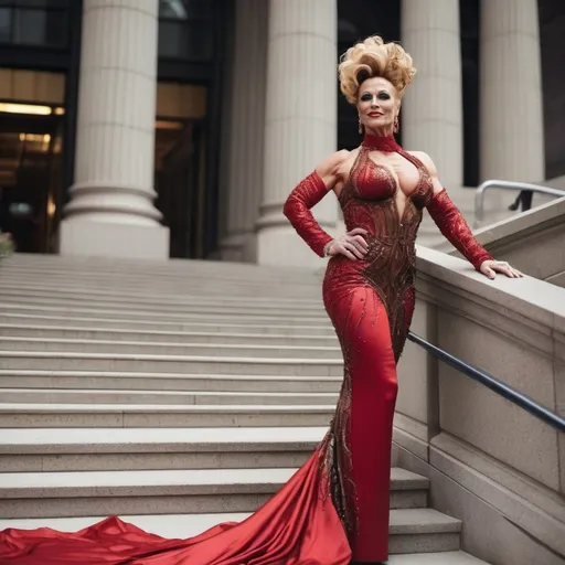 Prompt: Glamour photography of Gorgeous ultra-muscular 45-year-old (Caucasian) Czechian drag queen bodybuilder with a huge busom, and ridiculously long wavy salt & pepper tight updo hair on the Met Gala steps in New York wearing designer bronze and red gown with long train, intricate details, glitter and jewels, posed 3/4 turn standing, smile, in the style of Guy Aroch