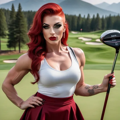 Prompt: a gorgeous muscular 25-year-old Polish drag queen (strong masculine jawline and brow facial features) bodybuilder with large busom and bright red hair, wearing a golf skirt and cute tank top, 8 inch stiletto high heel shoes, smokey eye shadow  and dark red lipstick, holding a golf club and posing for a picture on the golf course with mountains in the background, Evelyn Abelson, superflat, professional, a stock photo