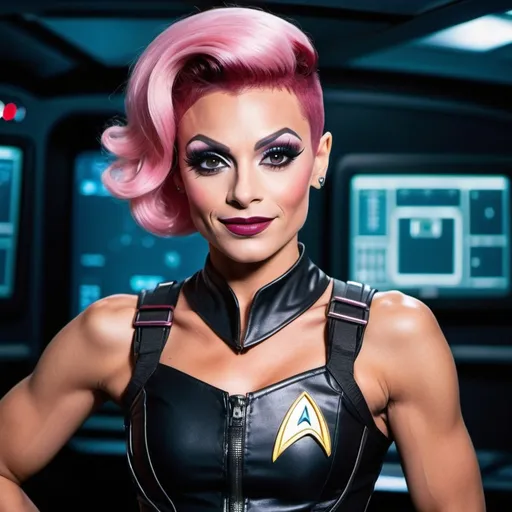 Prompt: Gorgeous ultra-muscular 25-year-old Czechian drag queen, Kylie Sonique Love, Star Trek Uniform, harness:1.4, full lips, short swept over pink hair, heavy mascara, dark eyeshadow, dark red lipstick, Bridge Command Center Background, instagram pose, smiling, raw photo, sharp focus on eyes, film grain, magazine cover, high quality, clothing details, fine fabric, full body, art student, (official art, extremely detailed CG unity 8k wallpaper), beautifully detailed eyes, detailed fine nose, detailed fingers, (8k), (best quality), ( masterpiece:1.2), (realistic), ( photorealistic:1.57), extremely detailed handsome gentlebeing, couture, magazine cover, textless, high quality, clothing details, fine fabric, full body, 8k, cinematic lighting (high detailed skin:1.1) ,Enhance,Golden Inspiration