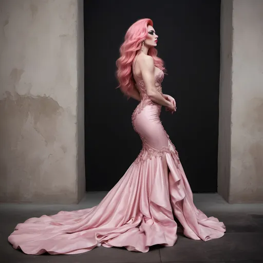 Prompt: A candid Full body shot from head to feet from the side of a gorgeous ultra-muscular 25-year-old Polish drag queen bodybuilder with ridiculously long wavy pink hair (Valentino dress), (high fashion), elegant design, flowing fabrics, rich color palette, intricate details, luxurious textures, dark eye makeup,  dark lipstick, soft lighting, dramatic shadows, haute couture, opulent setting, stylish ambiance, trendy and chic, (ultra-detailed), (4K).