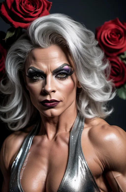 Prompt: RAW photo, (high detailed skin:1.2), 8k uhd, dslr, soft lighting, high quality, film grain, Fujifilm XT3, full-length, photorealistic image, gorgeous ultra-muscular 35-year-old French drag queen bodybuilder medium length swept over silver hair, in a heroic pose, dark eye makeup,  dark lipstick,  roses in a form of a tornado from top of the image to the head of the gorgeous lady. Dressed with leather sectioned futuristic dress outfit and skirt, with silver hair flowing.