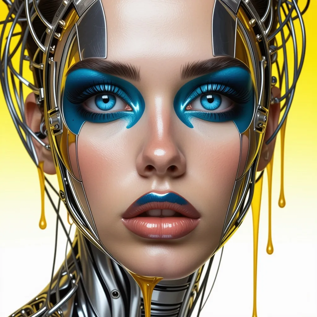 Prompt: a gorgeous masculine 25-year-old drag queen's face is futuristically transformed into a chrome-plated structure covered in wires. The left blue eye is shown in photo-realistic detail. the right eye futuristic. It is surrounded by silver and gold detailed small shapes against an abstract background that depicts dark yellow tones as dripping paint 