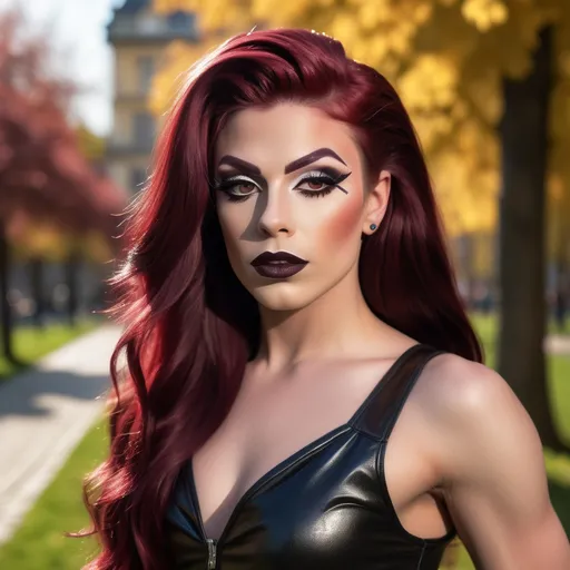 Prompt: (photorealistic), a confident, gorgeous, 
muscular 25-year-old Czechian drag queen (strong masculine facial features) with dark eyeshadow, dark lipstick, and long flowing dark red hair, walking purposefully, introducing practical studying techniques for English and German exams, vibrant outdoor setting with a beautiful park backdrop, bright sunlight illuminating her path, engaging facial expression reflecting enthusiasm, stylish casual outfit, carrying study materials, with scattered colorful notes around her, creating an inviting and motivational ambiance, high quality, ultra-detailed image.