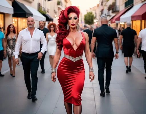 Prompt: A high definition hyper-detail live action digital photograph of A gorgeous ultra-muscular 45-year-old Israeli genderfluid drag queen with long dark red updo hair wearing an amazing ensemble of both men attire and women's attire, and 8 inch stiletto high heel shoes.  Walking down the street at sundown.