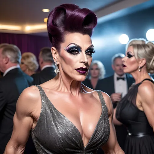 Prompt: Classy muscular 50-year-old British drag queen wearing long elegant ball gown,8 inch stiletto high heel shoes, with dark eyeshadow and dark lipstick, and long salt and pepper updo hair walking across the dance floor...