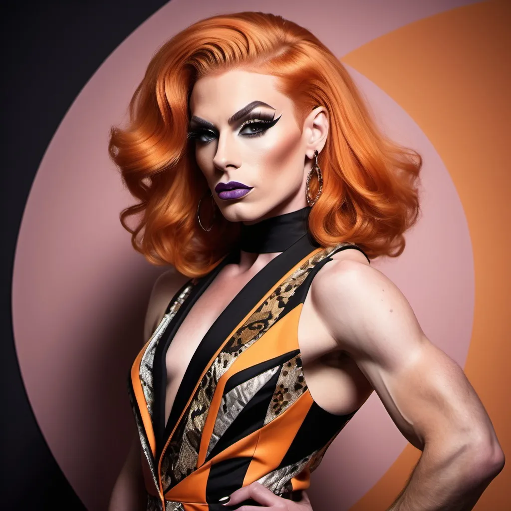 Prompt: Gorgeous muscular 25-year-old British drag queen (masculine jawline and brow features) with shoulder length stylish orange hair (Cavalli outfit), high fashion, (luxurious fabric), intricate detailing, dramatic silhouette, bold patterns, pastel colors, modern and stylish, runway-ready, beautifully styled, expressive poses, atmospheric lighting, artistic composition, edgy accessories, urban chic background, (trendy environment), cinematic aesthetic, ultra-detailed, high quality, shoulder length Brunette hair.