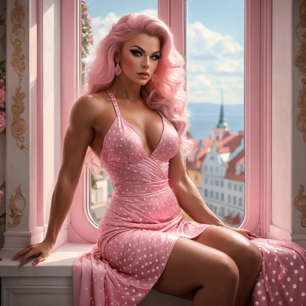 Prompt: Ultra-realistic 8k hi-res hd digital detailed photograph of a Gorgeous ultra-muscular 25-year-old tanned Norse goddess bodybuilder with huge busom in a pink polka dot dress sitting on a window sill, beauty art nouveau woman, romanticism photograph, beautiful fantasy painting, elegant cinematic fantasy photography, very beautiful fantasy photography, beautiful fantasy photography, photoreal elegant, fantasy portrait, gorgeous digital photography, elegant lady, retro vintage and romanticism, ( ( konstantin razumov ) ), elegant drag queen, hyper-realistic 