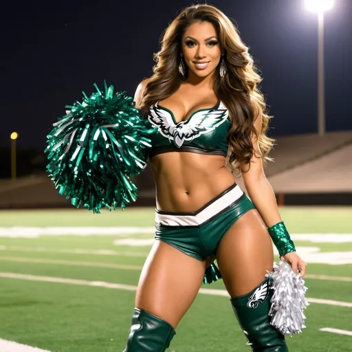 Prompt: Gorgeous ultra-muscular 25-year-old puerto rican goddess with huge busom and long wavy brown hair dressed as a Philadelphia Eagles Cheerleader wearing eight inch stiletto thigh-high high heel boots and dancing on a football field at night.