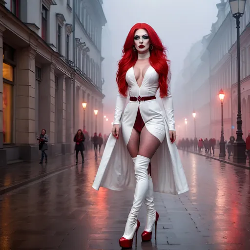 Prompt: Mysterious, Tall, gorgeous, muscular, 25-year-old Polish drag queen with long bright red stylish hair, dark eyeshadow,  and dark red lipstick, wearing a beautiful white outfit and 8 inch stiletto red thigh-high stiletto high heel boots, walking the streets of Warsaw on a foggy evening.