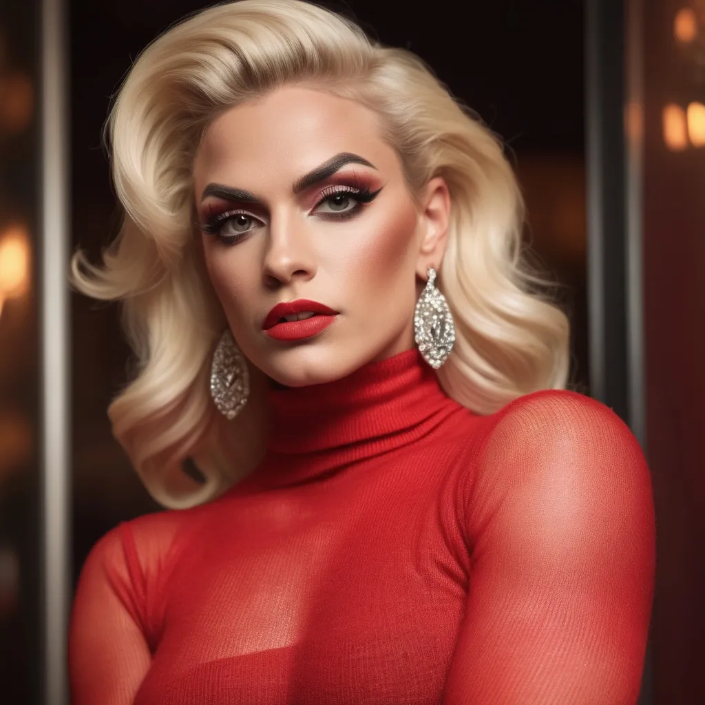 Prompt: Glamour photography of a Gorgeous muscular 25-year-old blonde Dutch drag queen Athlete (very strong masculine jawline and brow features), with large busom, glamoyr makeup, in Amsterdam in the style of Guy Aroch, Red transparent  sweater, skirt, exaggrate long earrings