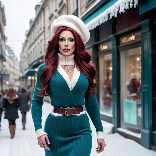 Prompt: (photorealistic) glamour shot of a (gorgeous muscular 35-year-old French drag queen fashion model), walking gracefully on a snow-covered high street, adorned for winter holidays. She has (long dark red tresses), (gorgeous yet masculine facial features), (large busom), wearing a white beret, (teal cable knit sweater, long belted suede skirt with fringe trim), fur trimmed boots, tartan wool scarf, white gloves, carrying a stylish leather purse, (bright engaging smile showing her perfect teeth), sparkling festive lights twinkling in the blurred background, (vibrant colorful scene) evoking (sophisticated elegance), (high detail & quality), (8k), (professional photography), warm and cheerful ambiance, warm professional floodlighting showcasing the vibrant colors of her stylish fashionable outfit.