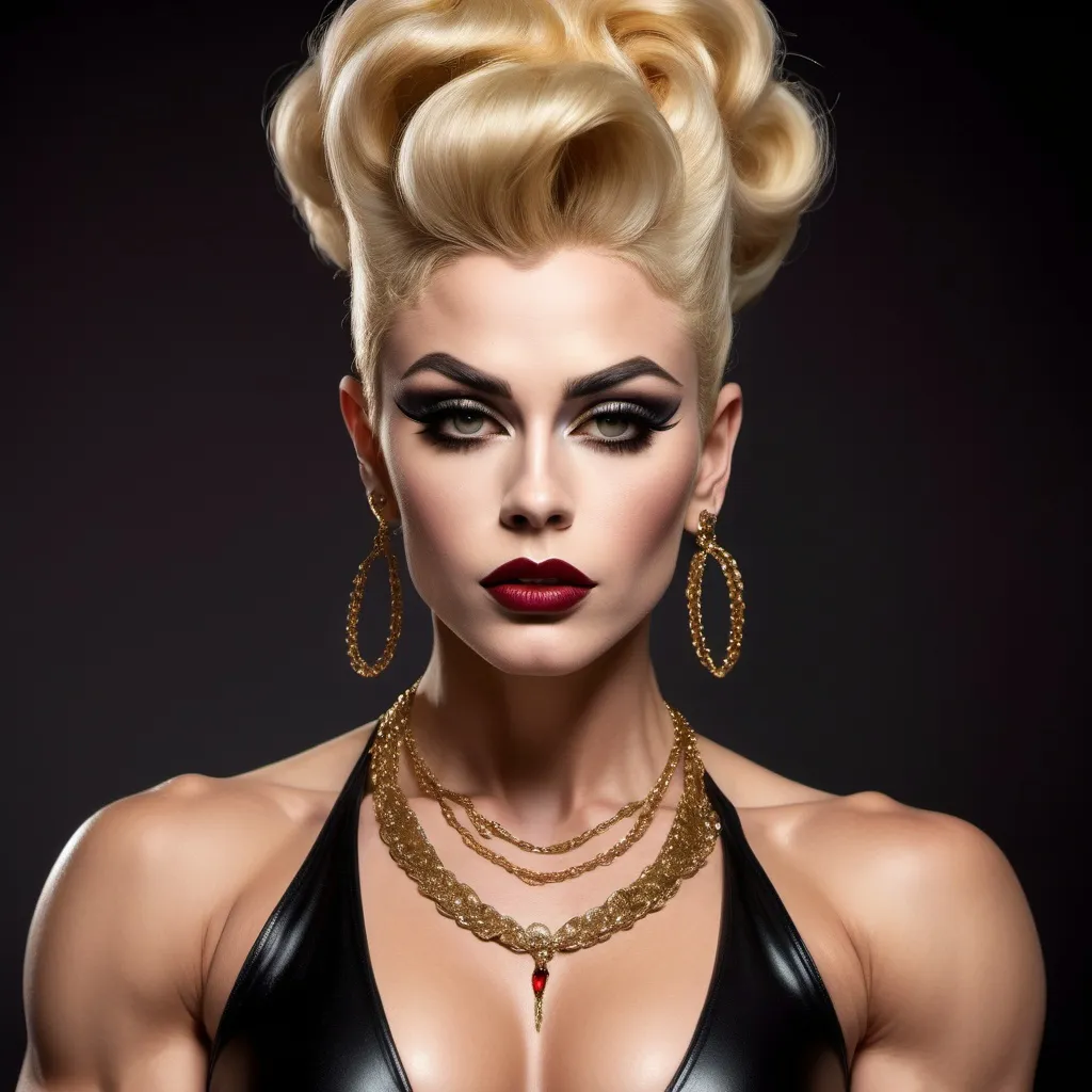 Prompt: Imagine James Dean dressed up as a gorgeous ultra-muscular 25-year-old drag queen bodybuilder with long muscular legs, wearing a gold necklace and earrings on her head, wearing a black dress and a gold necklace and 8 inch stiletto high heel shoes, dark eyeshadow and dark redlipstick, regal, a character portrait