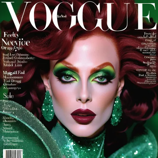 Prompt: (90s Vogue Magazine Cover), ethereal and whimsical, (vibrant color scheme), high-fashion editorial style, gorgeous muscular 35-year-old French drag queen model (masculine facial features) with sassy dark red hair, striking green eyes, dark smoky eyeshadow, enchanting expression, pretty lips, dark lipstick, luxurious glittery details, magical aesthetic, ultra-detailed, sparkly, glossy finish, captivating photography with dramatic lighting, alluring atmosphere, cosmopolitan elegance, celebrity fashion icon, stylish and trendy presentation.