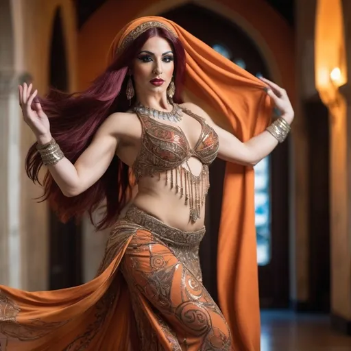 Prompt: A gorgeous, veru muscular,  25-year-old Turkish drag queen belly dancer, with large busom and dark orange hair, performing gracefully, dressed in an ornate, shimmering outfit with intricate beadwork and flowing fabric. Her hands are elegantly raised above her head, fingers delicately posed, creating a sense of motion and allure. The setting is softly lit with warm, golden tones, enhancing her vibrant costume and the glow of her skin. Background features faintly blurred patterns reminiscent of a Middle Eastern palace, with rich textures and colors. The scene captures her movement mid-dance, with the fabric of her skirt swirling gently around her