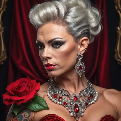 Prompt: Create a digital photograph of a gorgeous muscular 35-year-old Danish drag queen bodybuilder, hair pinned up, white red black dress, earrings, trending on artstation, sharp focus, studio photo, intricate details, highly detailed, by  Josephine Wall and Jasmine Becket-Griffith
