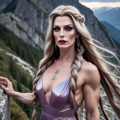 Prompt: The gorgeous muscular 35-year-old French drag queen (with masculine facial features) her long hair done in pull-through braids, wearing a loose fitting dress, she is standing upon the ledge of a mountain where darkness hangs in the skies with only a glimmer of light shining upon her