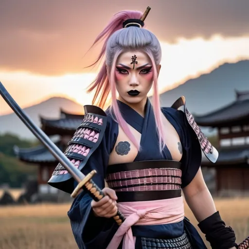 Prompt: A gorgeous muscular 21-year-old Japanese drag queen Samurai (dark eye makeup, dark lipstick, big busom, and platinum pink hair) wearing a traditional ancient Samurai yoroi and holding a katana in one hand, standing in a battle stance. 13th century Japan at sunset.