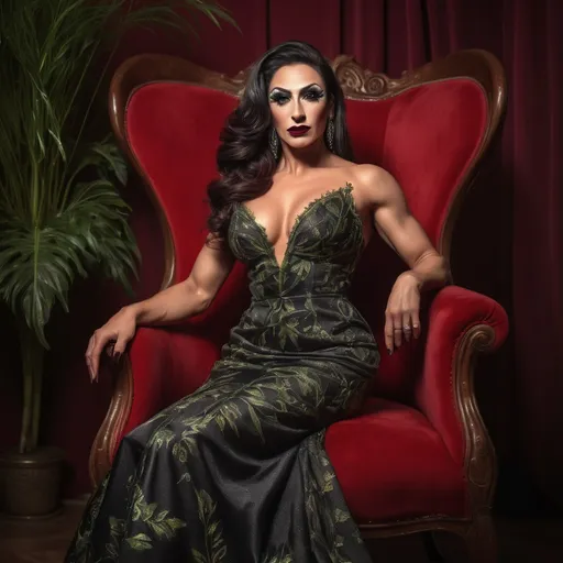 Prompt: Gorgeous muscular 35-year-old Turkish drag queen bodybuilder (with drag queen facial features, dark lipstick, large busom, dark blonde hair)r, wearing a flowing  dress, elegantly seated on a stylish red chair, soft ambient lighting, warm tones highlighting contrast, intricate details on the fabric of the dress, lush background with subtle hints of greenery for depth, artistically inviting atmosphere, ultra-detailed, high definition quality, cinematic composition.