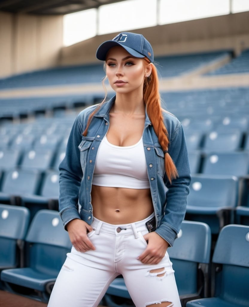 Prompt: Gorgeous ultra-muscular 25-year-old Finnish goddess with huge busom and ridiculously long burnt orange ponytail, wearing baseball cap, denim, full body, hand in pocket, hand on hip, hands in pockets, hat, jacket, pants, photo \(medium\), realistic, shirt, shoes, sneakers, solo, standing, posing at stadium seats.