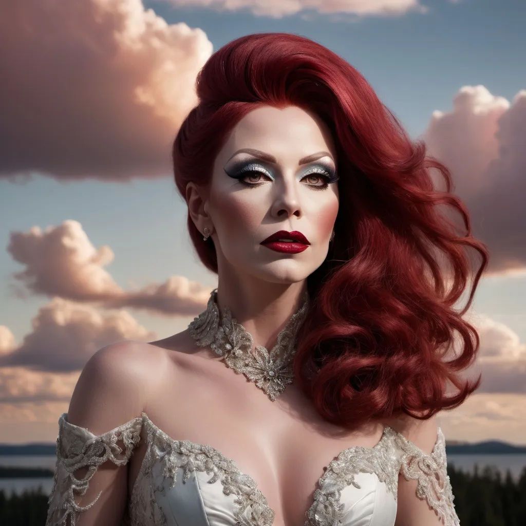 Prompt: (masterpiece), (best quality), (ultra-detailed), A gorgeous 35-year-old Finnish drag queen standing gracefully, her delicate figure silhouetted against the backdrop of a breathtakingly beautiful sky. The air is filled with a sense of serene tranquility as the wind gently rustles through her  dark red hair, causing the extremely delicate and beautiful fabric of her dress to billow softly around her. As she gracefully moves, flying splashes of water and petals accompany her, caught up in the ethereal dance of the wind. The scene is a symphony of beauty, with every detail meticulously crafted to evoke a sense of wonder and awe