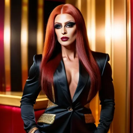 Prompt: Gorgeous ultra-muscular 25-year-old Polish drag queen bodybuilder with very long straight shiny dark red hair and heavy makeup wearing a YSL suit, (fashion masterpiece) sleek design, luxurious black fabric, (high-fashion aesthetic), elegant silhouette, dramatic pose on a stylish model, vibrant background with an opulent atmosphere, golden accents, illuminated with soft, warm lighting, captivating ambiance, ultra-detailed, high-quality, visually striking composition.