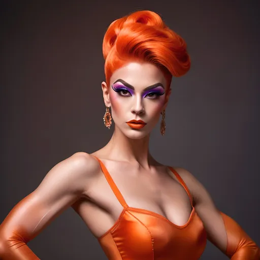 Prompt: (a strong and determined gorgeous drag queen (long updo dark orange hair, strong masculine jawline and brow)), ballet pose, focused expression, vibrant background, bright and uplifting colors, warm and optimistic atmosphere, stylish yet modest clothing (long muscular legs), representing hard work and perseverance, soft lighting enhancing emotions, conveying love, high-quality, ultra-detailed, heartwarming scene.