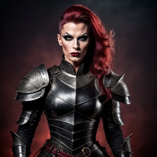 Prompt: A gorgeous muscular 35-year-old British drag queen (medieval knight), (black armor), gripping sword in hand, fierce expression (strong masculine jawline and brow features), dramatic pose, intricate armor details, dark and moody color palette, dark eyeshadow and dark red lipstick, cinematic lighting, highly detailed, stormy background, strong and powerful presence, evokes a sense of bravery and strength, captivating and intense atmosphere, ultra-detailed, 4K resolution, ready for battle. Full body view