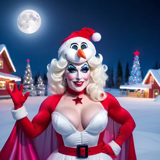 Prompt: Frosty the Snowman dressed up as a gorgeous muscular Wisconsin drag queen. Posing at the north pole at night. 