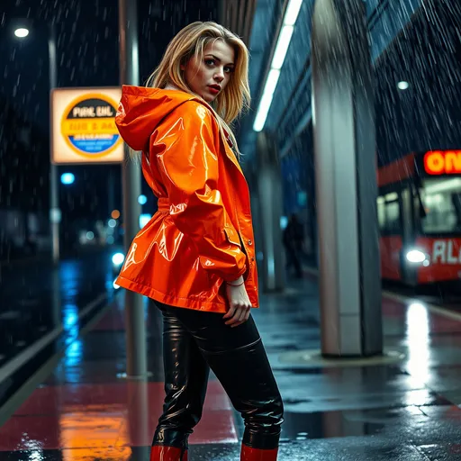 Prompt: 
view from the side, a gorgeous ultra-muscular 25-year-old Czechian drag 
queen bodybuilder is looking to the camera with an open mouth and red lips. ankle boots with stiletto  high heels and short leather pants.  the gorgeous ultra-muscular 
25-year-old Czechian drag queen bodybuilder is standing at a bus station wearing a shiny, bright orange rain jacket. She is outdoors, with heavy rain pouring down. The scene captures the futuristic environment, with wet streets and a sterile atmosphere in the night. Her hair is completely soaked, with water dripping from it, and the short rain jacket is drenched with water. There are abundant water droplets visible everywhere—in the air, on the gorgeous ultra-muscular 25-year-old Czechian drag queen bodybuilder's hair, on her partially covered short rain jacket, on the knee-length leather pants, and on the ground—emphasizing the intense rainfall and the thoroughly wet environment. a lot of white paint with big drops on her pants and top