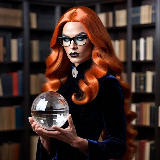 Prompt: Full body, Modern gorgeous ultra-muscular 25-year-old Norwegian drag queen bodybuilder, (very long wavy dark orange stylish hair, (soft boyish facial features), flirty smirk, exquisitely small waist, (black steel collar) wearing librarian style glasses, velvet evening gown. Breaking out a very large crystal ball, gothic library background. 

Dramatic contrasts of light and shadow,  (highly detailed), (HD), evoking a blend of elegance and technology.