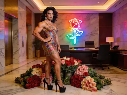 Prompt: A very muscular 35-year-old Spanish drag queen, wearing fabulous cocktail dress and 8 inch stiletto high heel shoes, is in a softly lit luxury office with marble floor to ceiling with bundles of roses all around, lit up by a colorful neon sign🌹