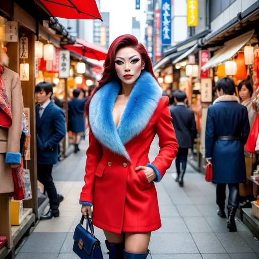 Prompt: Front view of an 25-year-old, muscular, gorgeous Japanese drag queen bodybuilder (very strong masculine jawline and brow features), elegant red wool coat with faux fur trim, light blue blouse, navy blue skirt, black leather stiletto high heel boots, vibrant yellow & orange silk scarf, navy shoulder bag, walking through a bustling Ginza Market in Tokyo, surrounded by colorful autumn leaves, bright sunlight casting warm tones, capturing the lively atmosphere of the marketplace, high detail & quality, 8K, professional photography.