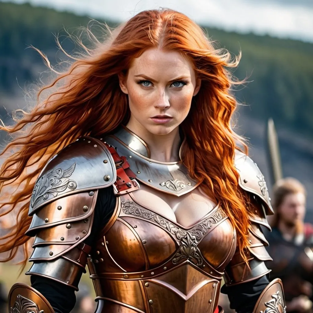 Prompt: Gorgeous ultra-muscular 25-year-old Finnish goddess with huge busom and ridiculously long wavy fiery red hair, dressed as a warrior princess in complete bronze armor and a gleeming steel longsword in the midst of a bloody and fiery battle.