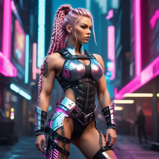 Prompt: 64k UHD detailed digital photograph of a caucasian gorgeous ultra-muscular 25-year-old Norse goddess bodybuilder with ridiculously long wavy pink braided ponytail, cyberpunk outfit, 8 inch stiletto high heel shoes,unreal engine 5, hip hop punk style, perfect autonomy body shape, muscular yet slim, detailed muscular structure, intense and authoritative gaze, futuristic Nordic setting, cool and edgy atmosphere, detailed armor with cybernetic enhancements, glowing holographic elements, high-res, ultra-detailed, anime, hip hop punk, futuristic, detailed muscles, urban setting, Victorian Nordic, powerful stance, professional, dynamic lighting